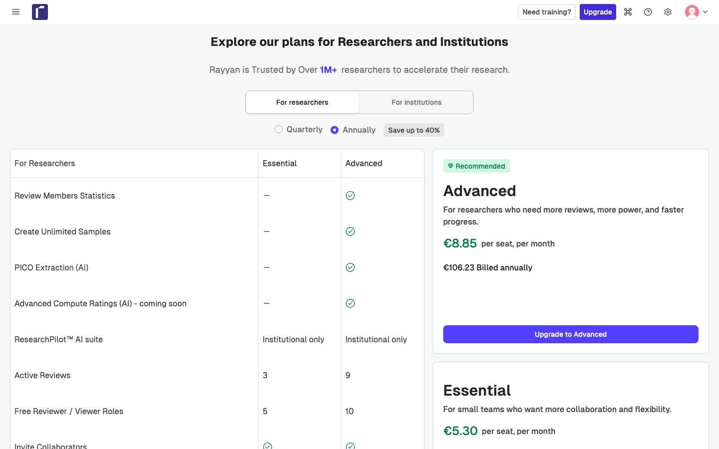 Panel de planes de Rayyan en euros