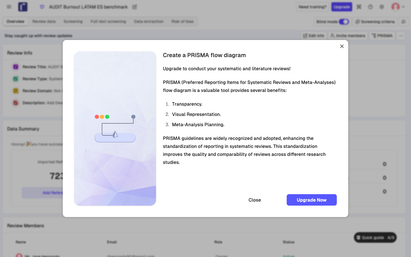 Modal de Rayyan: Crear diagrama PRISMA — Upgrade Now